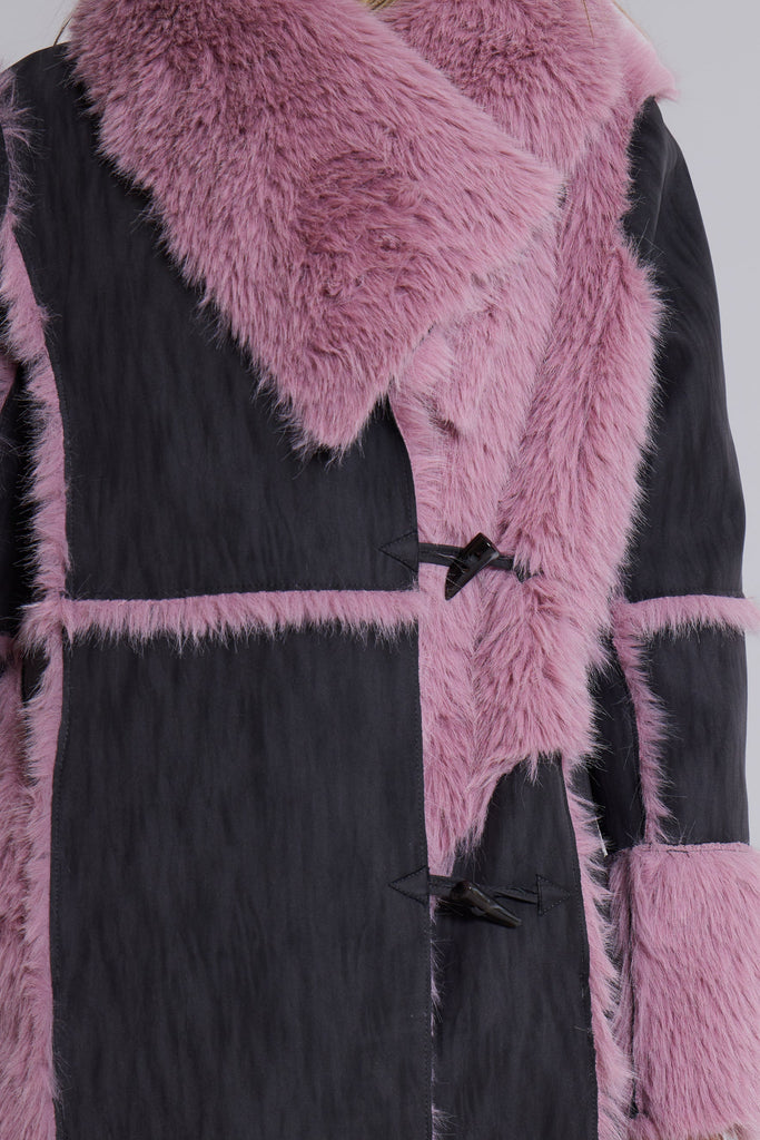 Alise Patchwork Faux Suede and Fur Maxi Coat