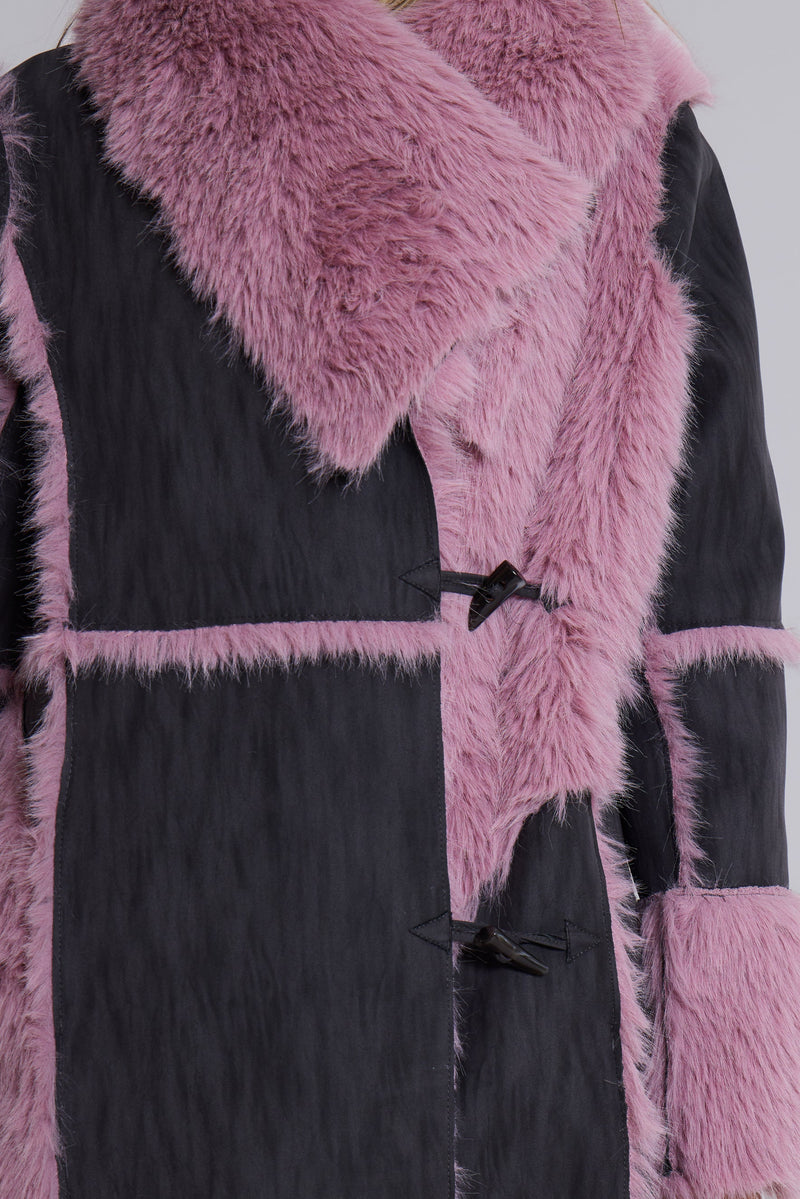 Alise Patchwork Faux Suede and Fur Maxi Coat