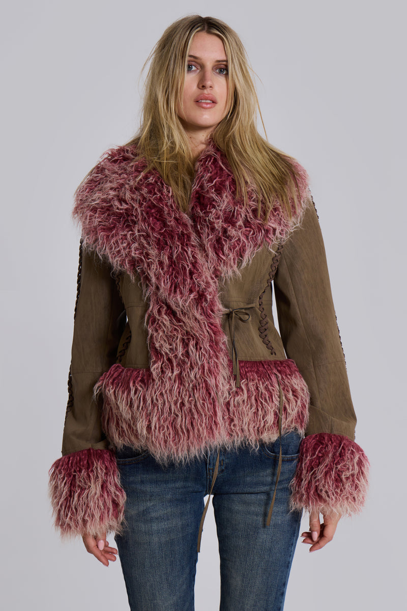 Leonie Faux Mongolian Fur Trim Coat in Quartz