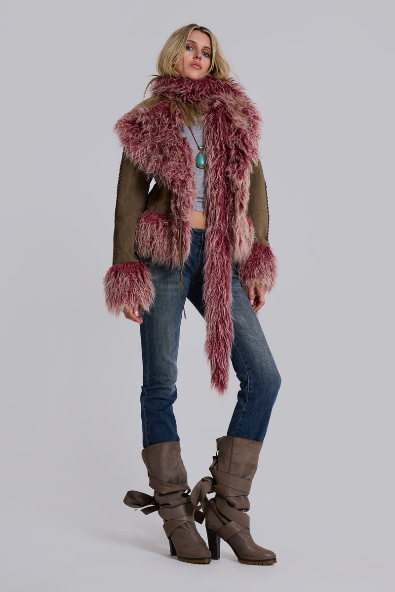 Leonie Faux Mongolian Fur Trim Coat in Quartz