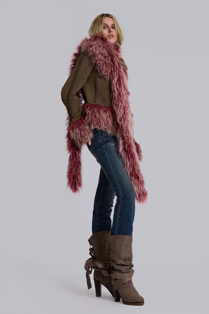 Leonie Faux Mongolian Fur Trim Coat in Quartz