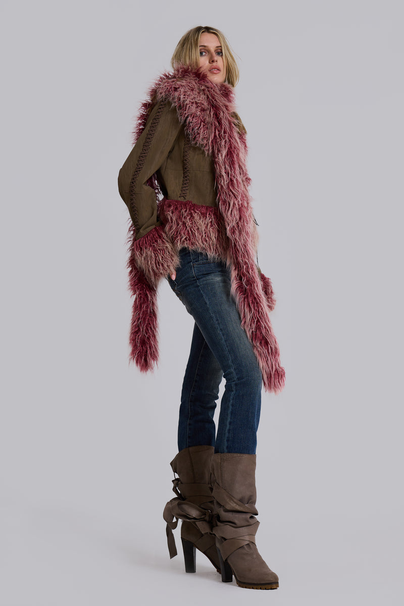 Leonie Faux Mongolian Fur Trim Coat in Quartz