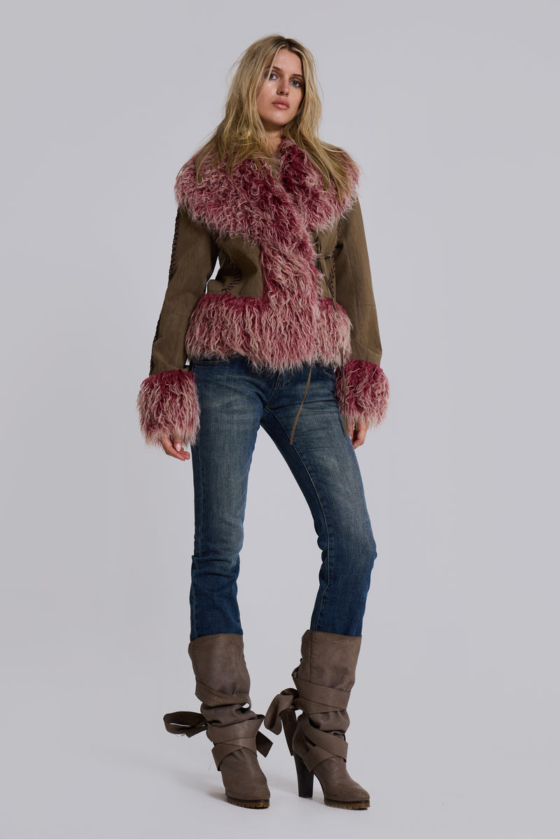 Leonie Faux Mongolian Fur Trim Coat in Quartz