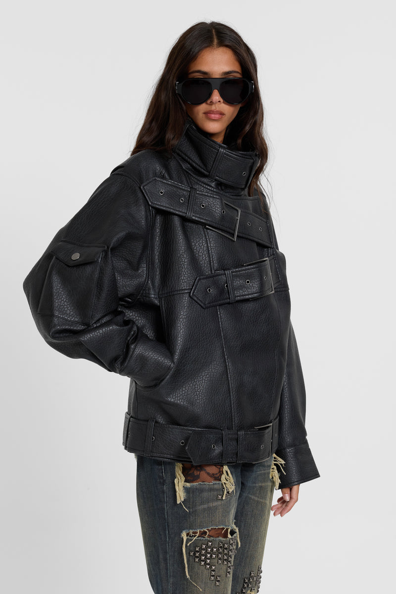 Haden Belted Funnel PU Leather Jacket