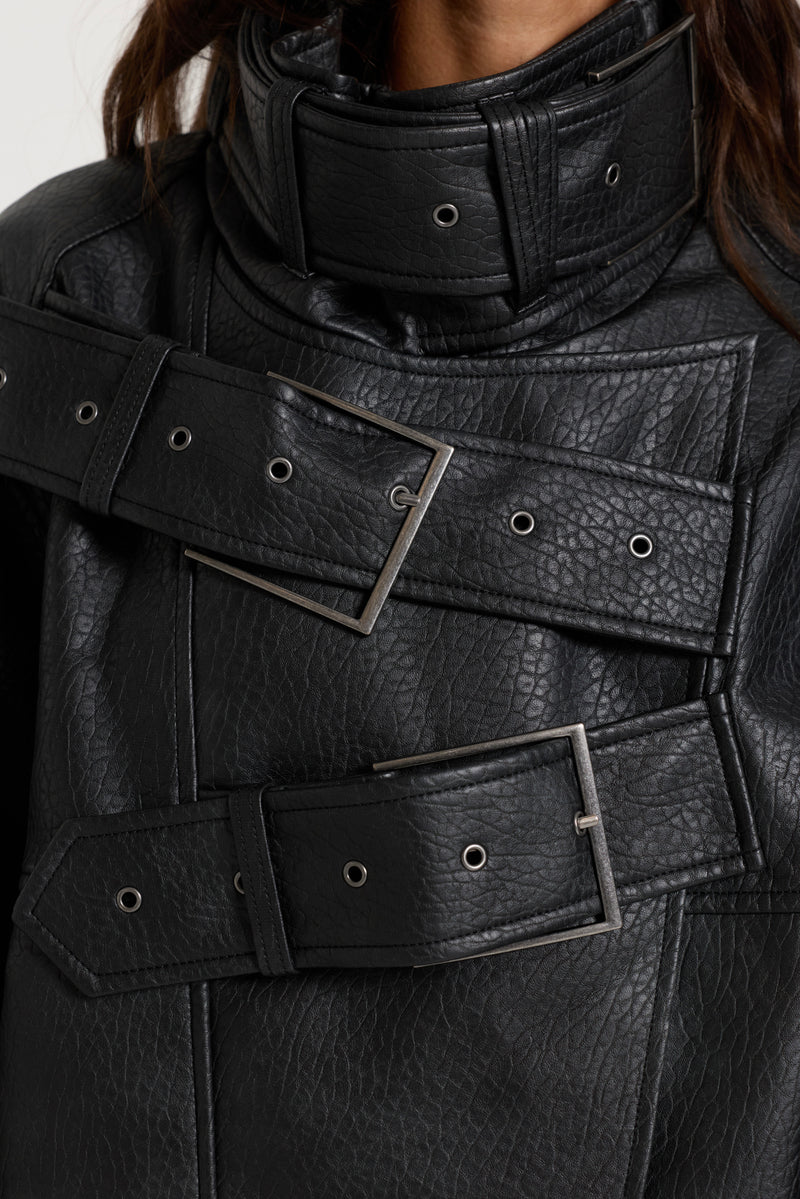 Haden Belted Funnel PU Leather Jacket