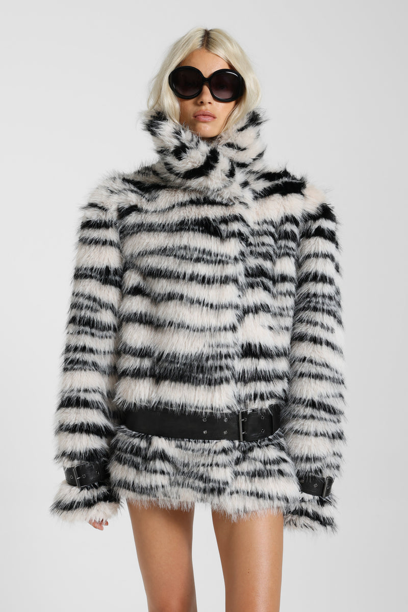 Ruvia Zebra Faux Fur Belted Coat