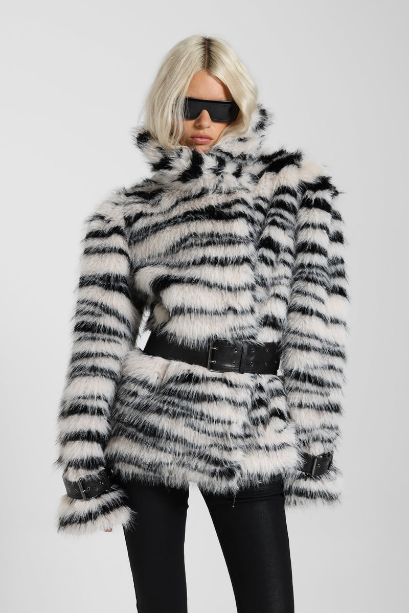 Ruvia Zebra Faux Fur Belted Coat