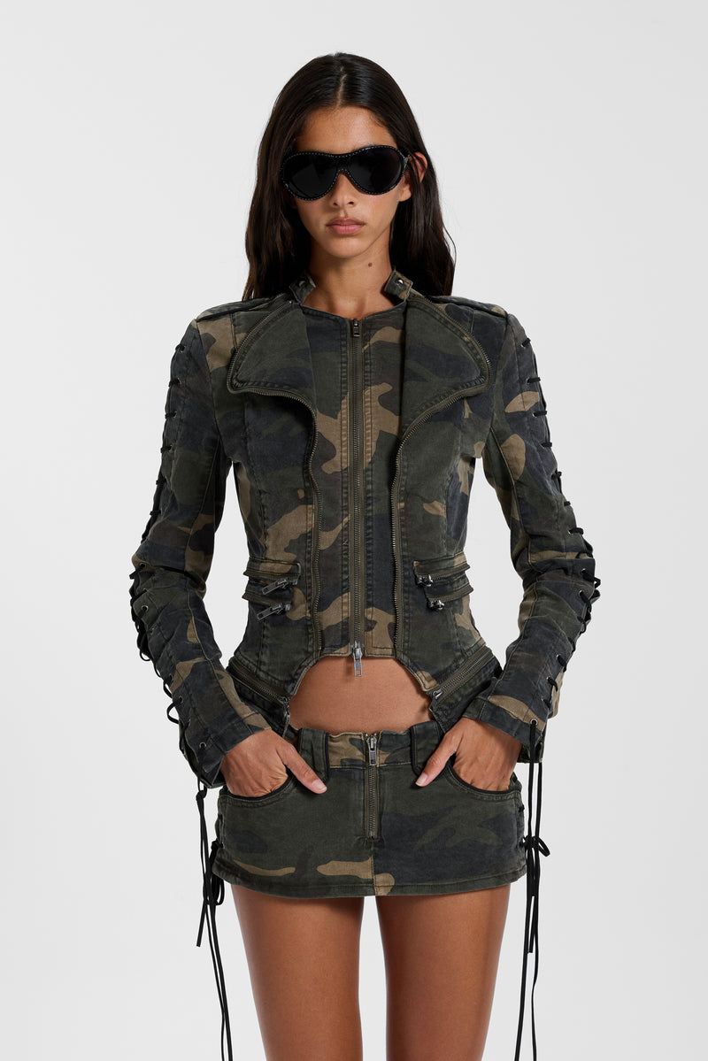 Charis Lace Up Fitted Jacket in Camo – view 1