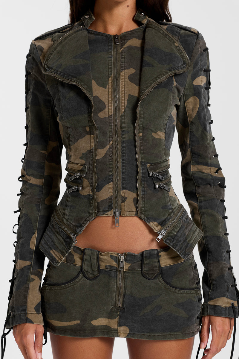Charis Lace Up Fitted Jacket in Camo – view 3