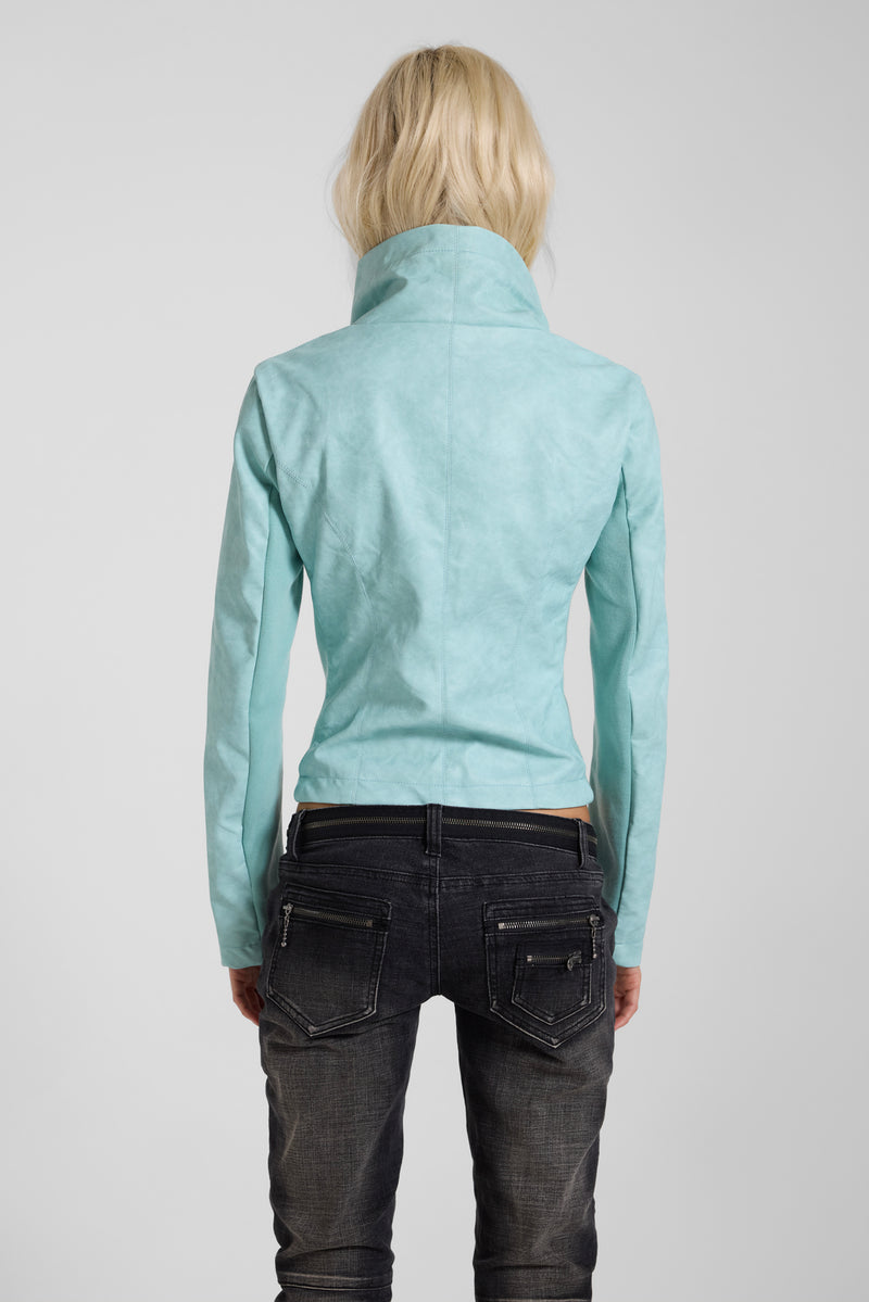 Cera PU Leather Funnel Jacket in Turquoise