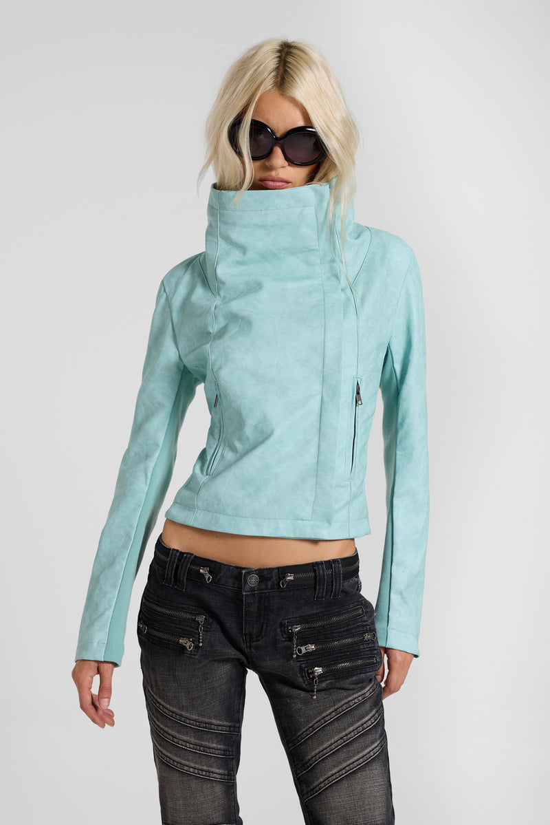 Cera PU Leather Funnel Jacket in Turquoise