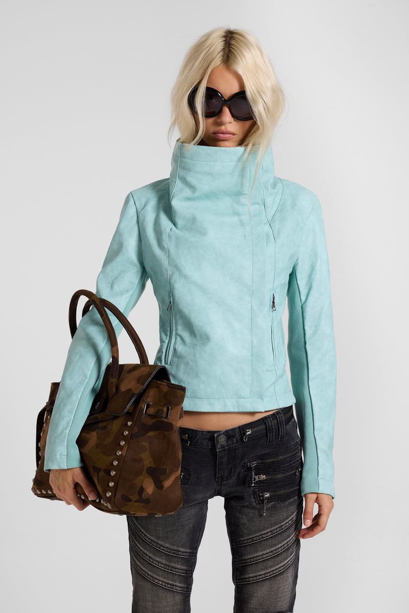 Cera PU Leather Funnel Jacket in Turquoise