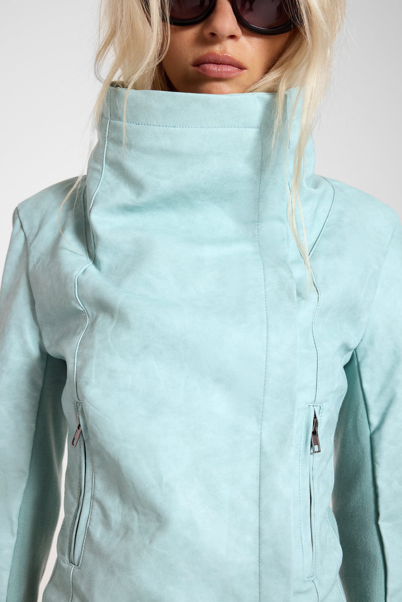 Cera PU Leather Funnel Jacket in Turquoise