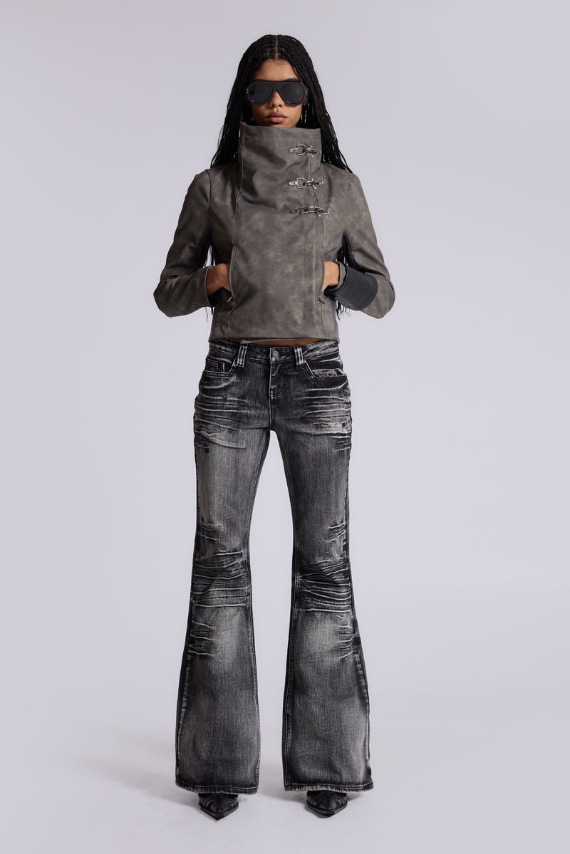 Cera Clasp PU Leather Funnel Jacket