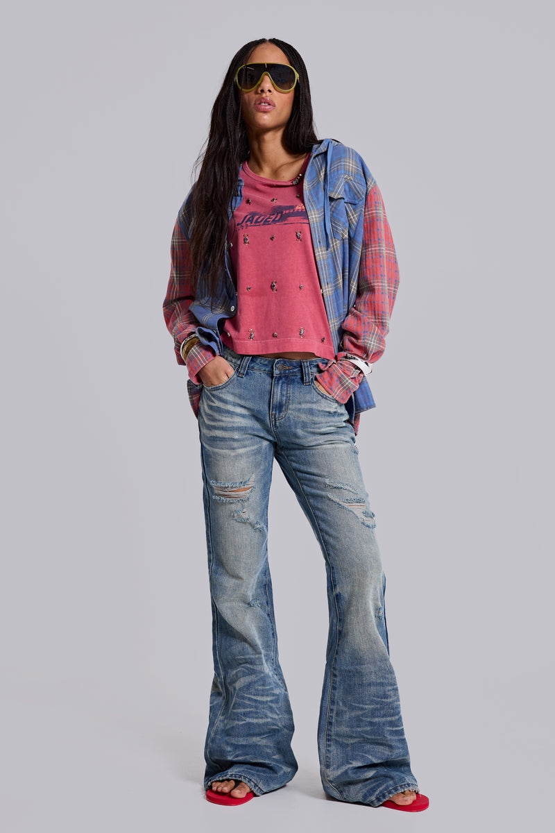 Mid Blue Distressed Creased Drift Flared Jeans