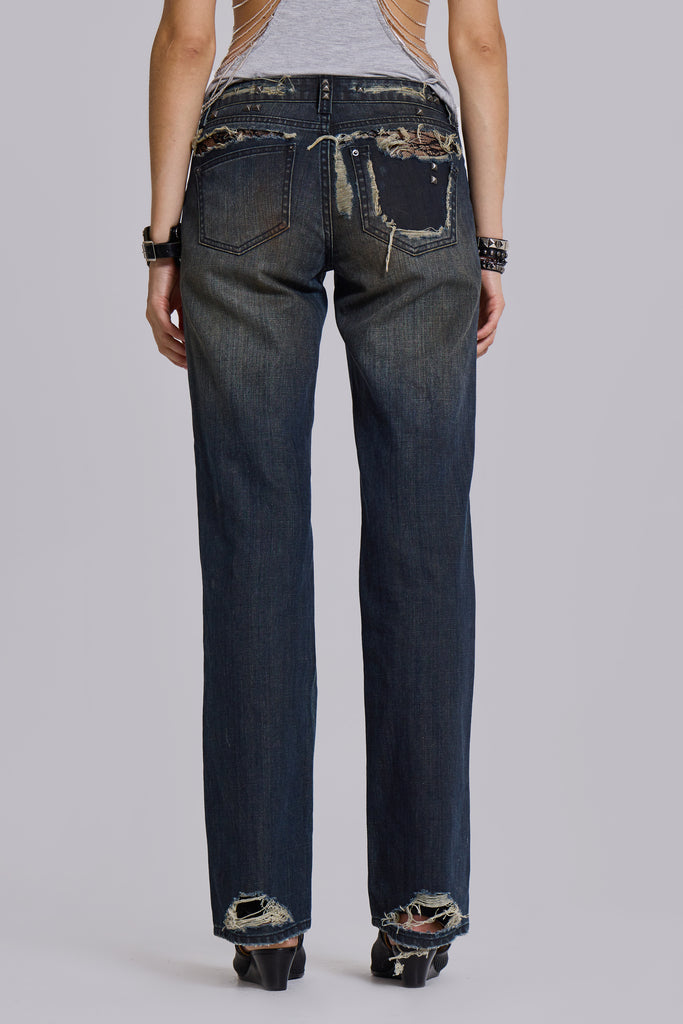 Tori Distressed Lace Low Rise Bootcut Jeans