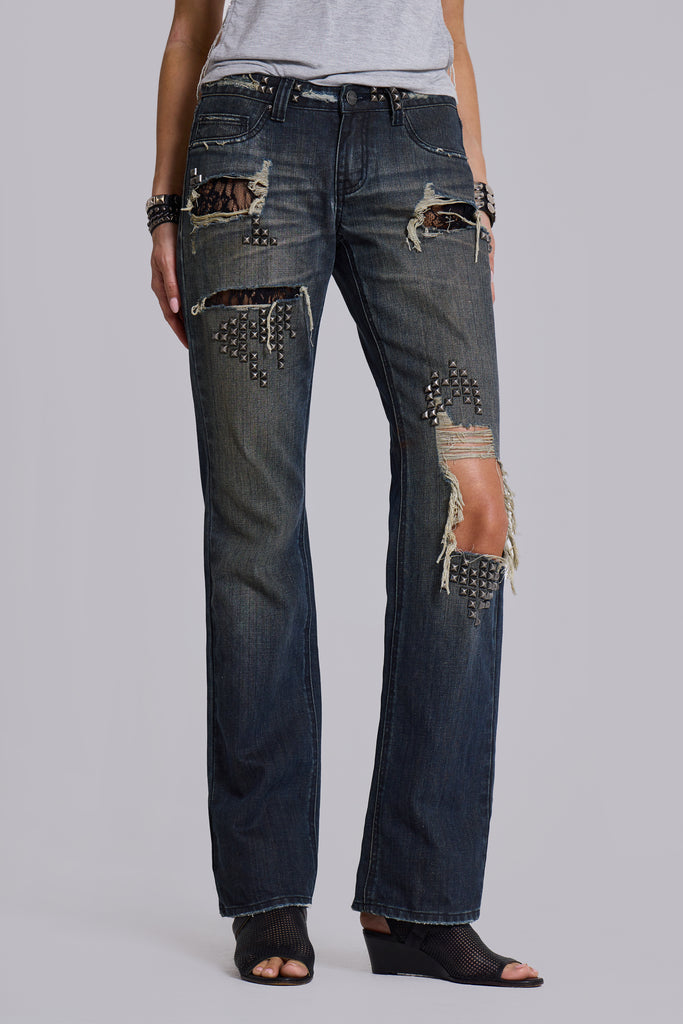 Tori Distressed Lace Low Rise Bootcut Jeans