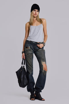 Tori Distressed Lace Low Rise Straight Leg Jeans in Dark Wash – view 1