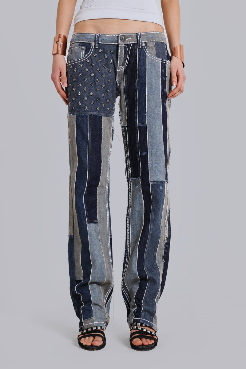 Rock Revival Patchwork Flag Rider Jeans