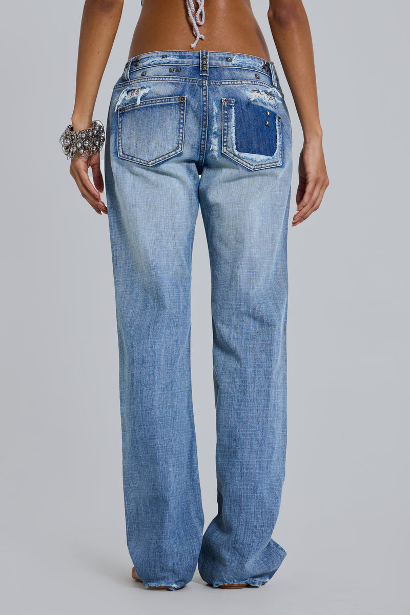 Tori Distressed Lace Low Rise Bootcut Jeans in Light Wash