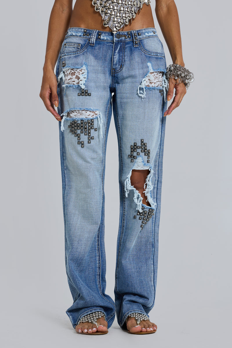 Tori Distressed Lace Low Rise Bootcut Jeans in Light Wash