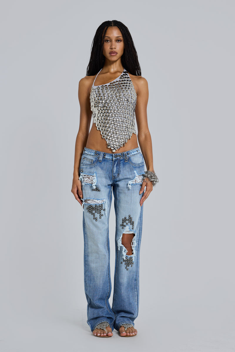 Tori Distressed Lace Low Rise Bootcut Jeans in Light Wash