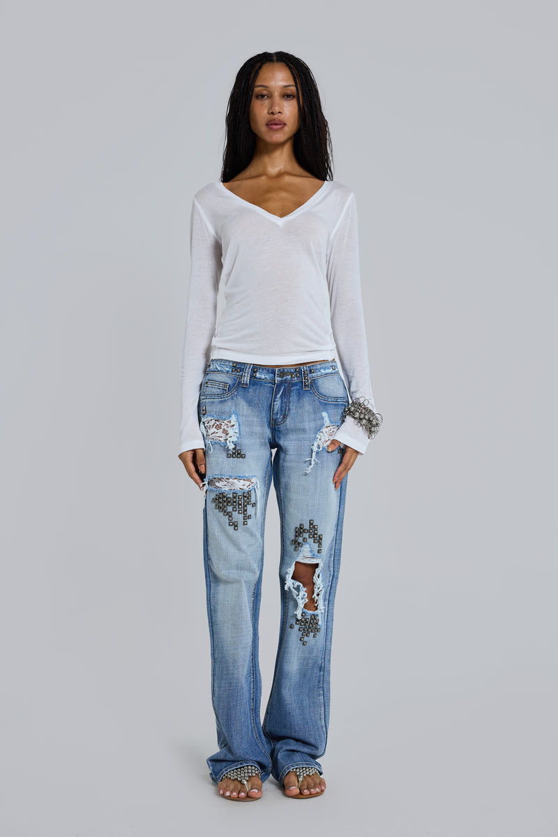 Tori Distressed Lace Low Rise Bootcut Jeans in Light Wash