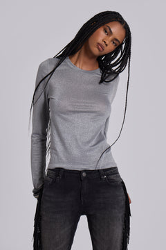 Xeni Glitter Long Sleeve Top in Silver - L / Silver
