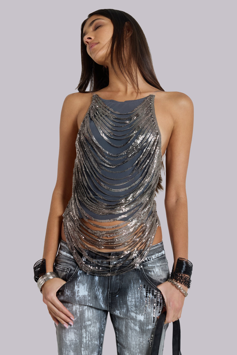 Strings Attached Backless Top in Chainmail