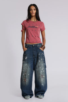 Splatter Cinch Carpenter Jeans - W32 / Blue