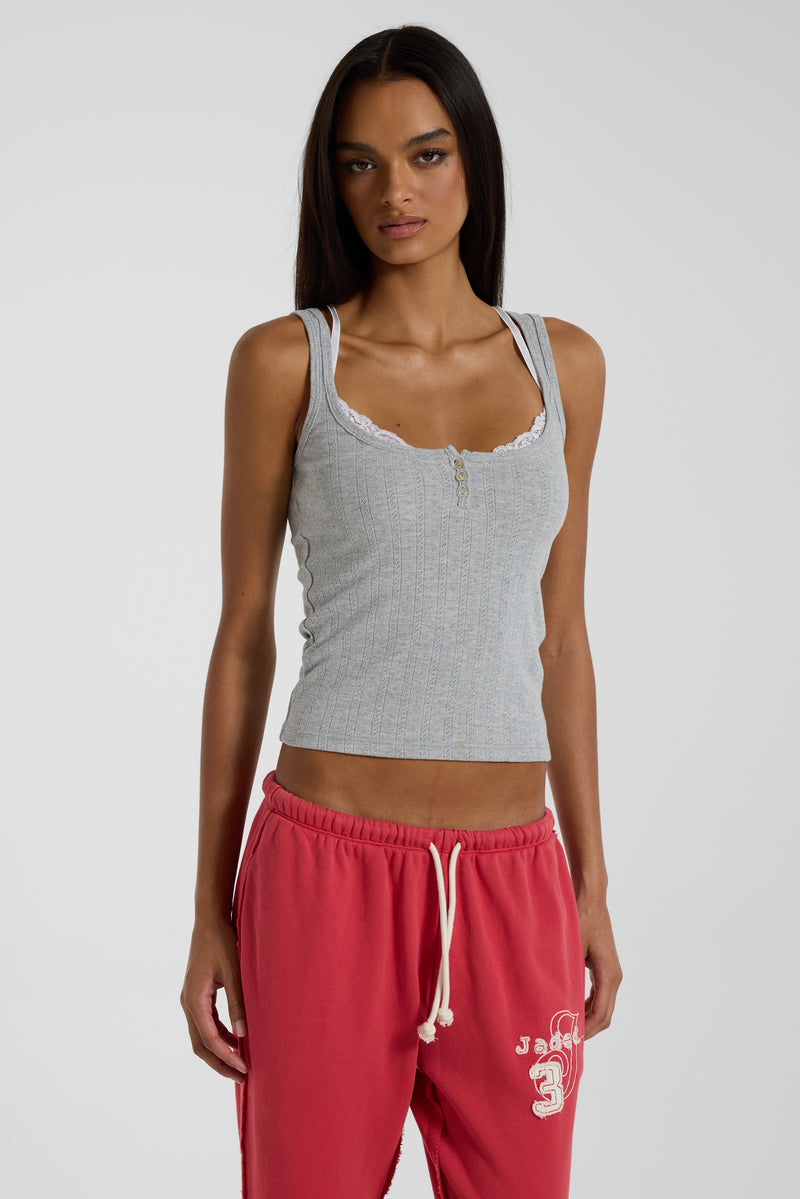 Grey Henley Vest With Lace Trim