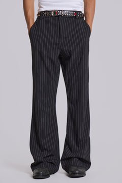 Black Pinstripe Stacked Bootcut Suit Pants - W26 / Black