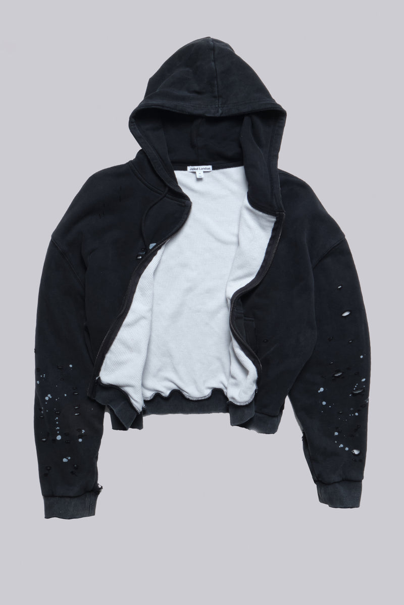 Washed Black Sun Faded Waffle Lined Zip Hoodie