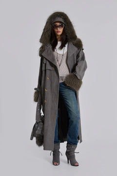 Vania Oversized Faux Fur Hooded Trench Coat - M/L / Grey