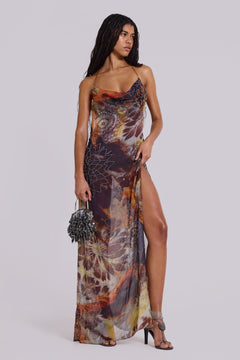 Dahlia Cowl Beaded Backless Chiffon Maxi Dress in Lusco - UK 10 / Multi