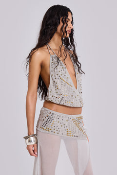 Xtal Studded Backless Plunge Top - UK 12 / Grey