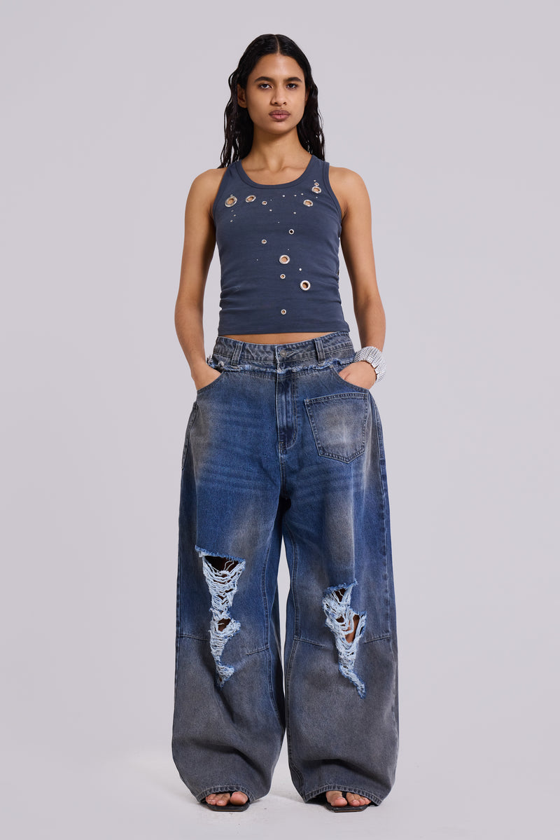 Eye Contact Vest Top With Eyelets in Grey