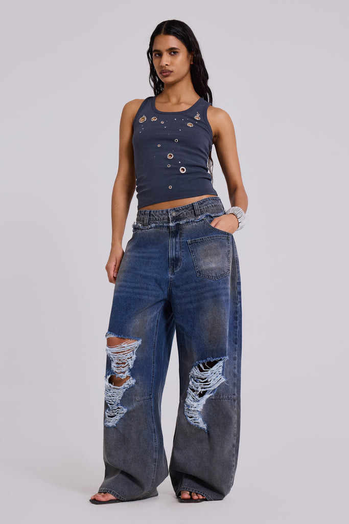 Eye Contact Vest Top With Eyelets in Grey