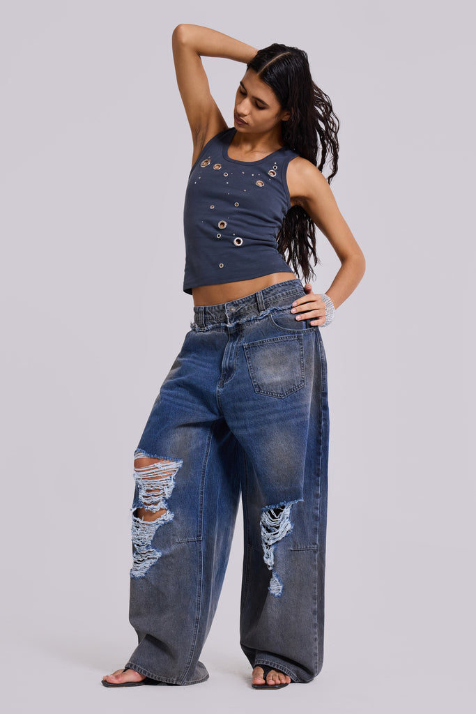 Eye Contact Vest Top With Eyelets in Grey