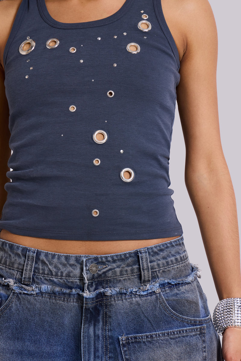 Eye Contact Vest Top With Eyelets in Grey