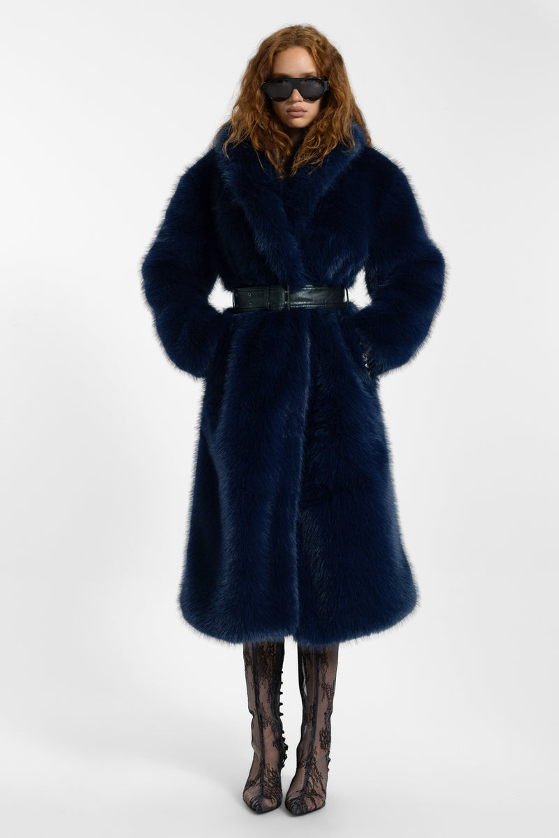Fugue Blue Belted Faux Fur Coat