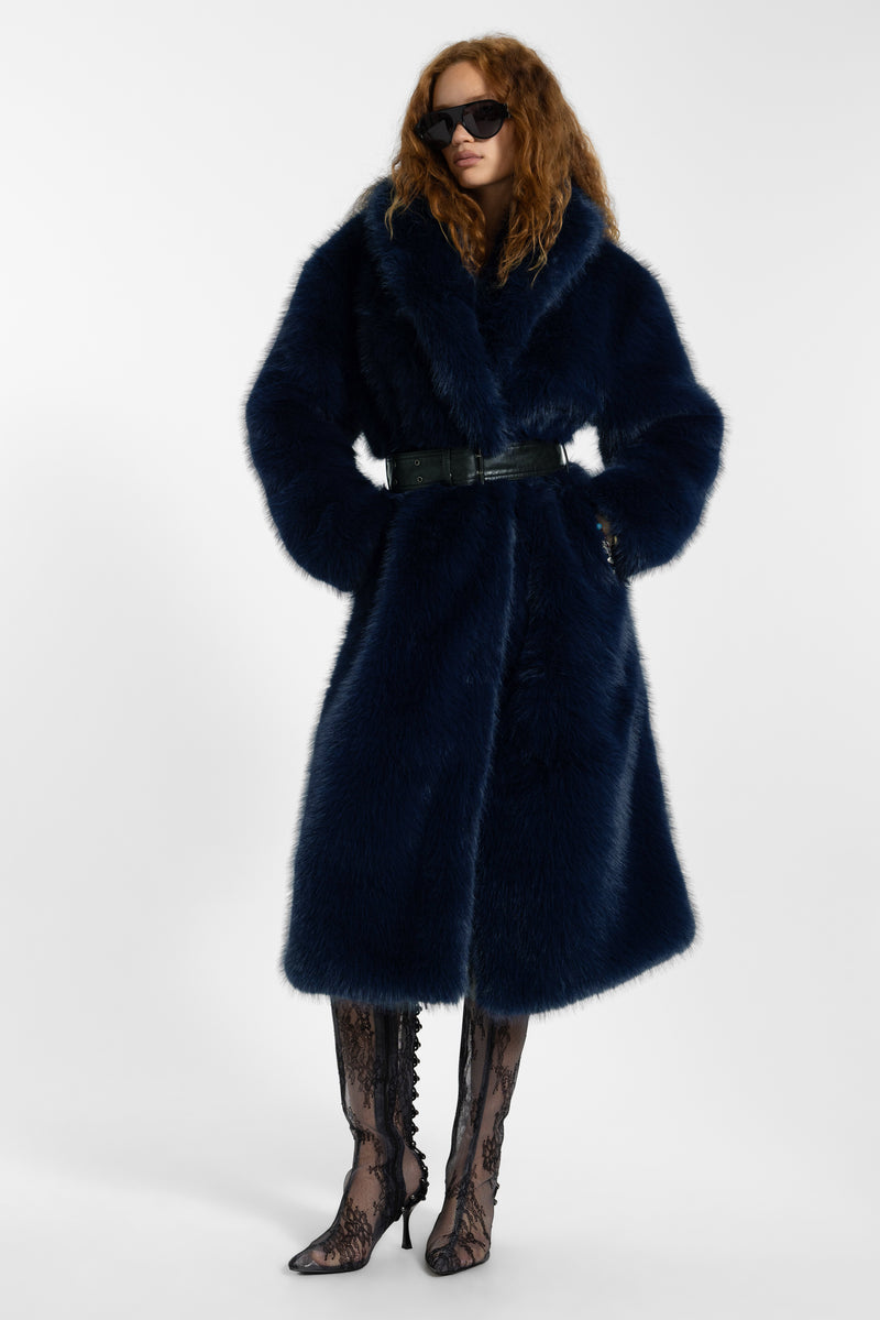 Fugue Blue Belted Faux Fur Coat