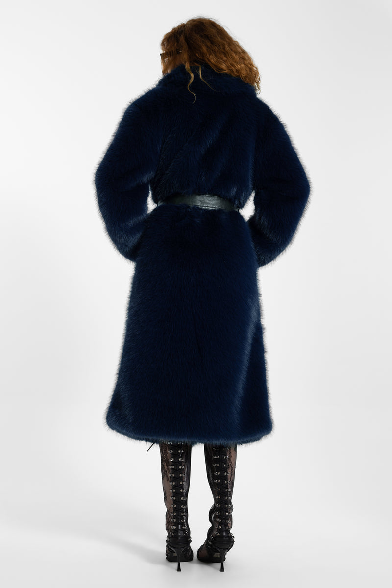 Fugue Blue Belted Faux Fur Coat