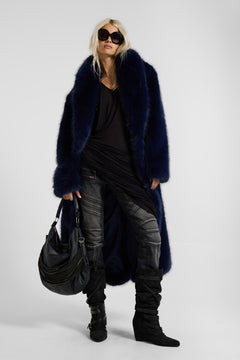 Fugue Blue Belted Faux Fur Coat - XS/S / أزرق