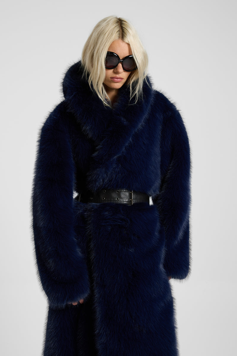 Fugue Blue Belted Faux Fur Coat