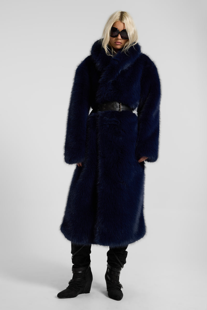 Fugue Blue Belted Faux Fur Coat