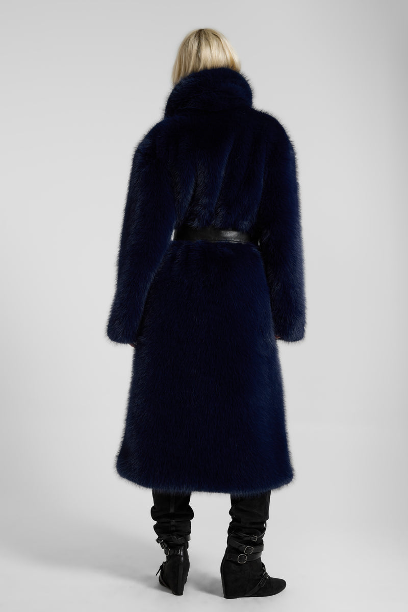 Fugue Blue Belted Faux Fur Coat
