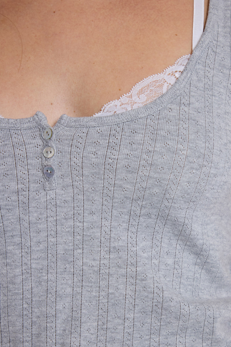 Grey Henley Vest With Lace Trim