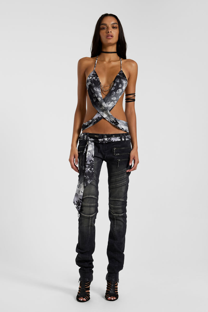 Ayla Satin Backless Plunge Wrap Top In Skull
