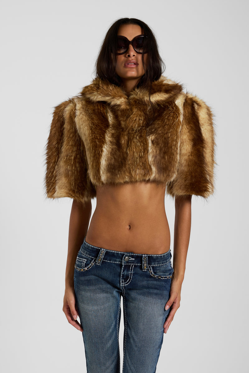 Avlon Faux Fur Crop Jacket in Brown